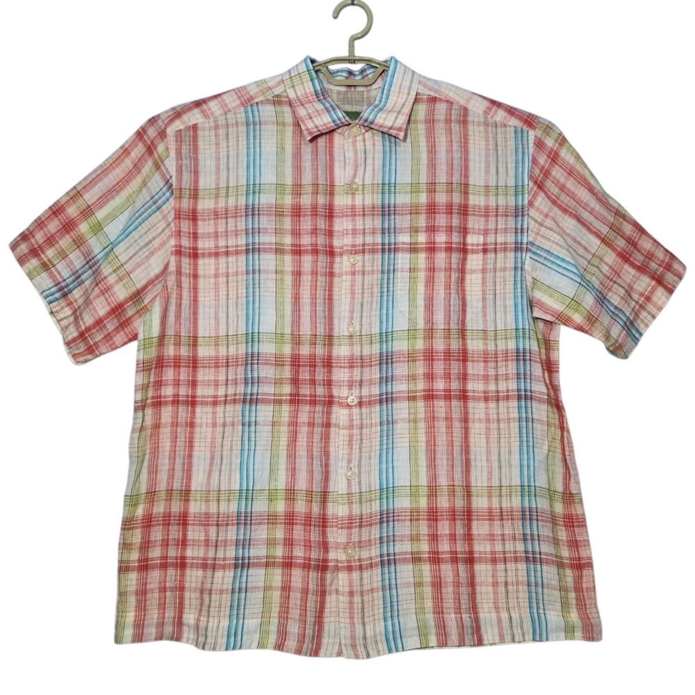 Tommy Bahama Mens Large 100% Linen Short Sleeve Button Up Shirt Plaid Resortwear